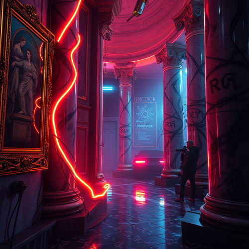 A Neon-Lit Cybercrime Scene in Retro-Futuristic City