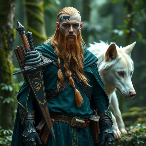 A Nordic Viking Half-Elf Ranger in Fantasy Scene.