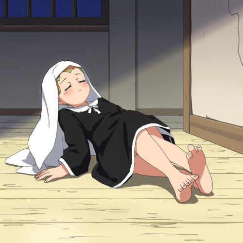 A Nun Sleeping Barefoot on The Floor