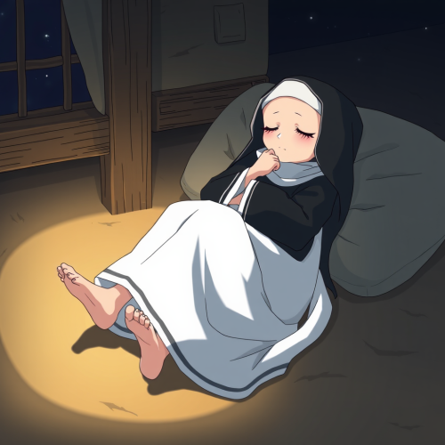 A Nun Sleeping Barefooted in Anime Style
