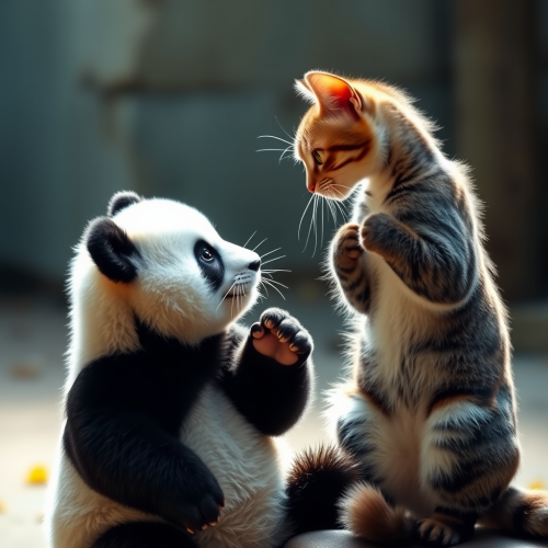 A Panda and Cat Gaze at Each Other