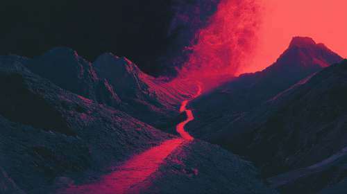 A Path Through Dark Mountains with Red Aura