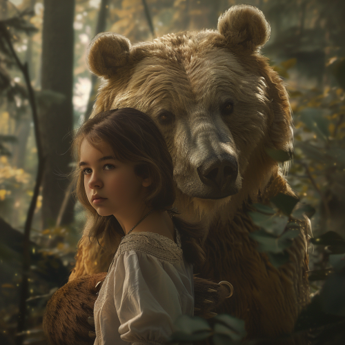 A Peaceful Girl with Gentle Bear in Forest