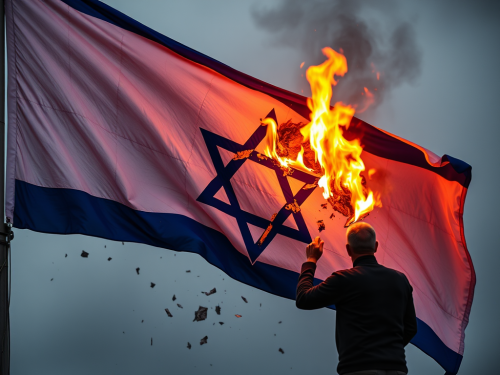 A Person Burning the Shattered Israeli Flag