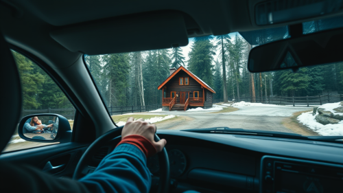A Person Driving Towards a Remote Cabin