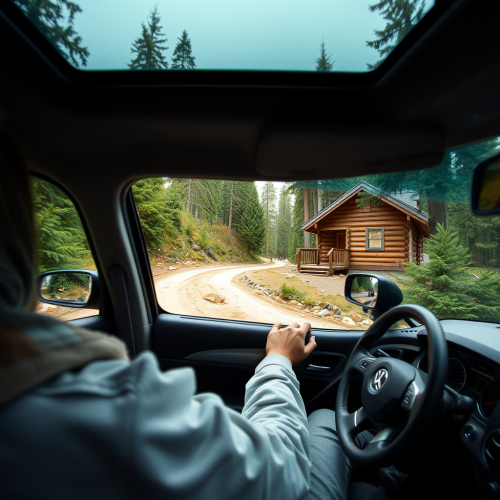 A Person Driving Towards a Remote Cabin