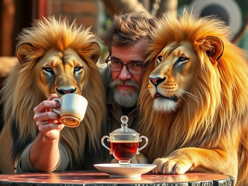 A Person Having Afternoon Tea with Lions