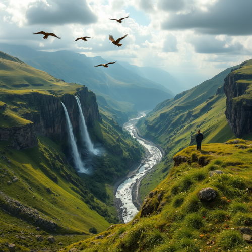 A Person Overlooking Scenic Valley and Waterfalls