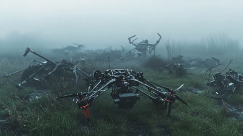 A Pile of Broken Drones in a Field