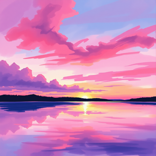 A Pink and Purple Lake Sunset Painting