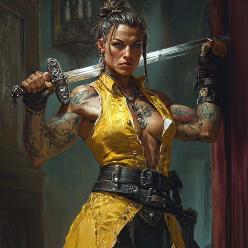 A Pirate Woman Swinging Sword with Muscular Arms