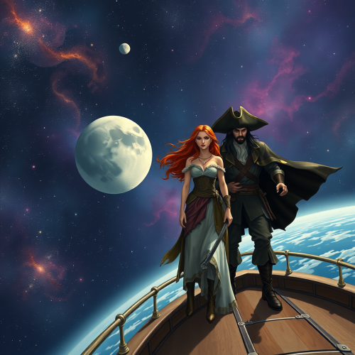 A Pirate and Woman Travel Space on Ship