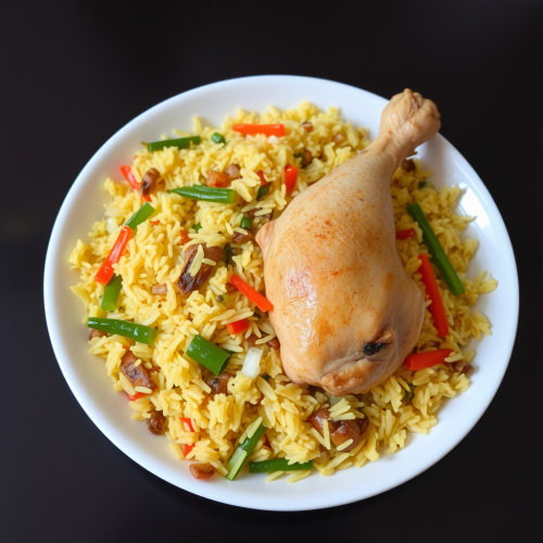 A Plate of Spiced Yellow Fried Rice with Chicken A Plate of Spiced Yellow Fried Rice with Chicken