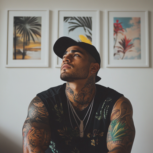 A Polynesian man in 90s cool clothes in retro-style home gallery