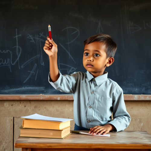 A Poor Boy Teaching at the Blackboard