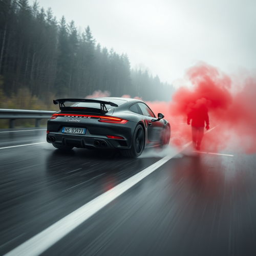 A Porsche 911 Drifting in Rain with Red Smoke