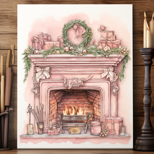 A Pretty Pink Christmas Stocking Hanging on Fireplace.