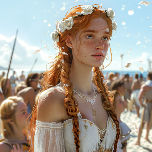 A Princess in White Dress with Crowd on Beach