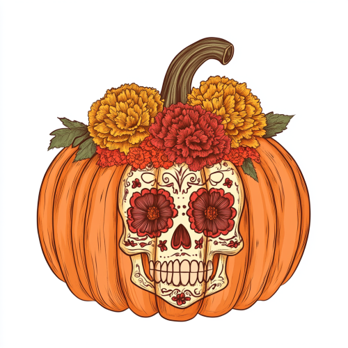 A Pumpkin Decorated with Mexican Skull Design Aesthetic