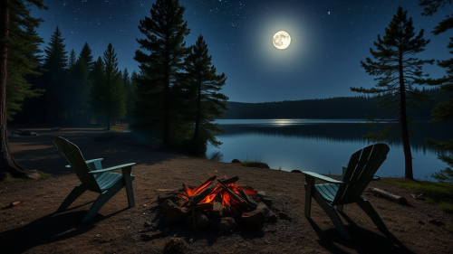 A Quiet Campsite by the Lake at Night