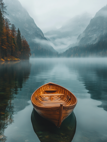 A Quiet Wooden Boat on a Foggy Lake