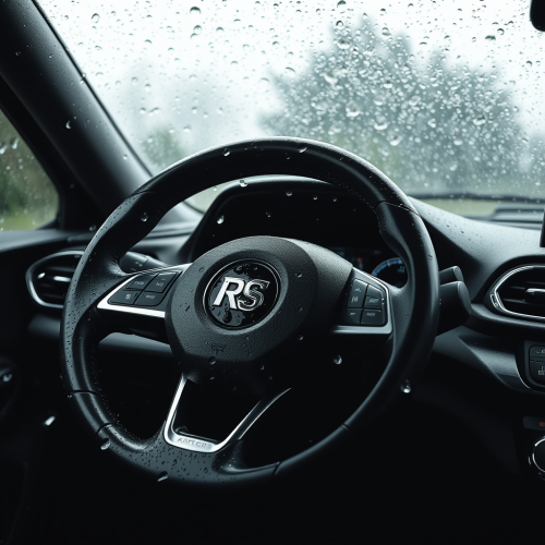 A RS Steering Wheel on Rainy Asphalt