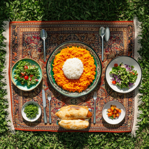 A Realistic Iranian Lunch Table Setting on Lawn