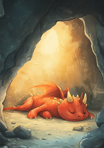 Illustration of a Red Dragon in a Cave