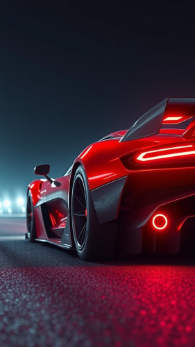 A Red Futuristic Super Race Car at Night