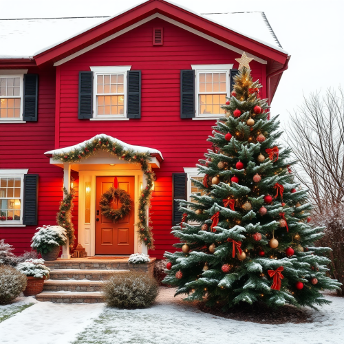 A Red House Surrounded by Christmas Trees