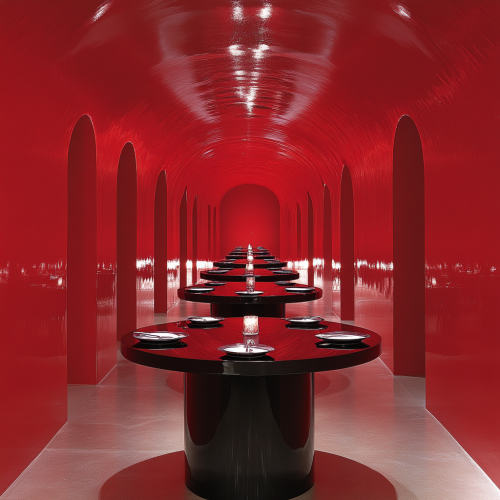 A Red Room with Black Tables and Silverware
