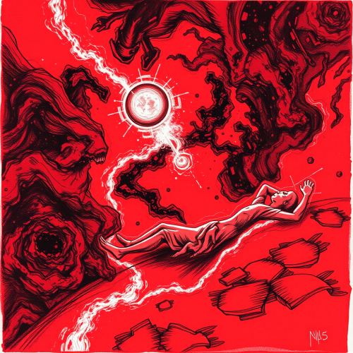 A Red Sketch of Astral Projection Relaxing in Space