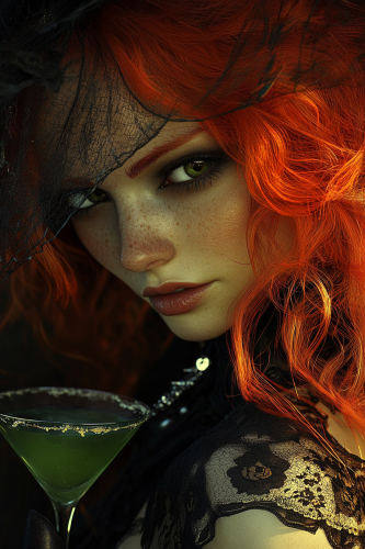 A Redhead Witch Smiling with Martini in HD