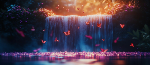 A Romantic Waterfall in the Forest at Night