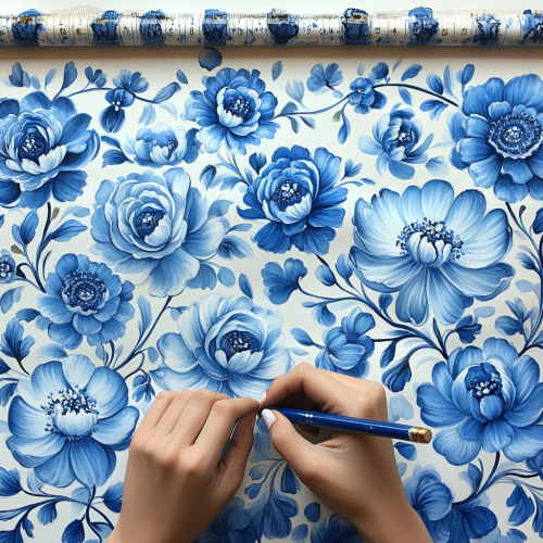 A Russian Folk Art Painting in Blue and White