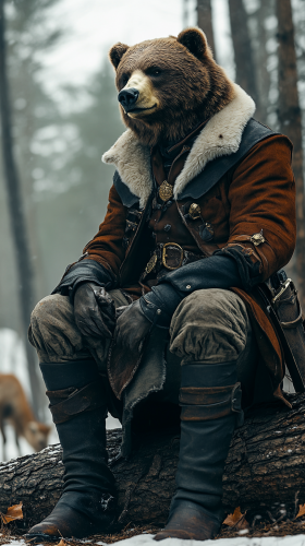 A Russian noble bear hybrid overlooking snowy forests