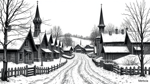 A Russian village in winter captured through ink.