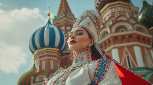 A Russian woman in traditional costume at St. Basil's