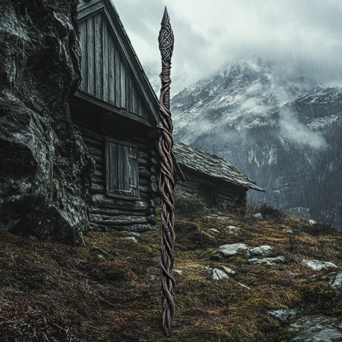 A Rustic Spear Resting Against Mountain Cabin A Rustic Spear Resting Against Mountain Cabin