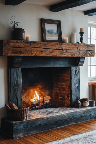 A Rustic Wood Beam Mantle Atop Farmhouse Fireplace A Rustic Wood Beam Mantle Atop Farmhouse Fireplace