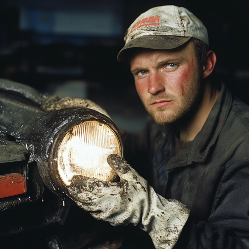 A Sad American Worker Cleaning Dirty Headlights A Sad American Worker Cleaning Dirty Headlights
