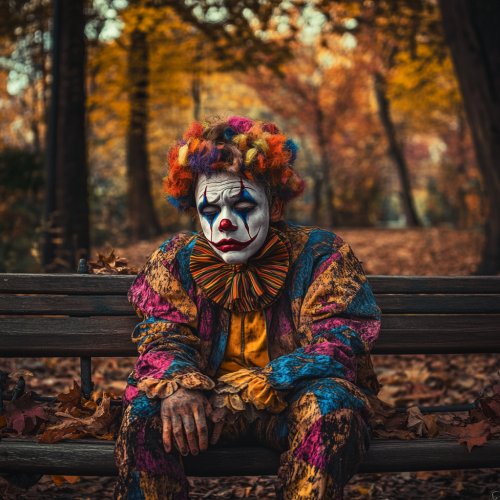 A Sad Clown in a Colorful Costume