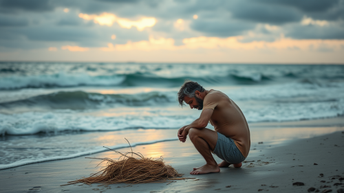 A Sad Man Collecting Thoughts by the Sea