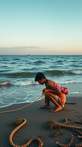 A Sad Man Gathering Things on the Beach