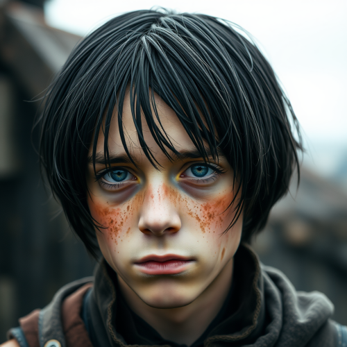 A Sad Medieval Teenage Boy with Black Hair