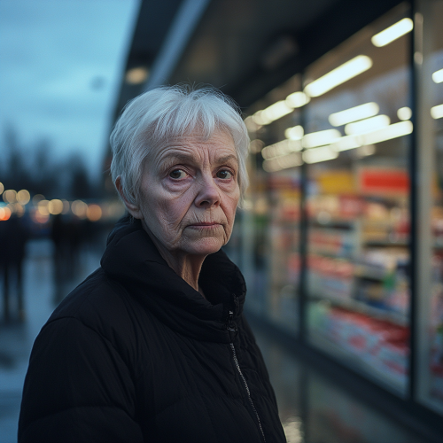 A Sad Older Woman Outside a Supermarket