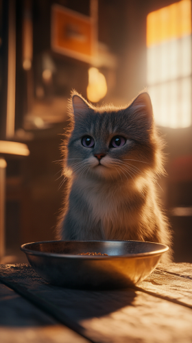 A Sad Tabby Cat Waiting for Breakfast