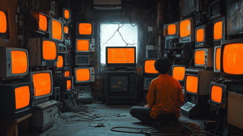 A Sad Woman by Machine in Dark Bunker