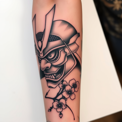 A Samurai Hannya Mask Tattoo with Cherry Blossoms