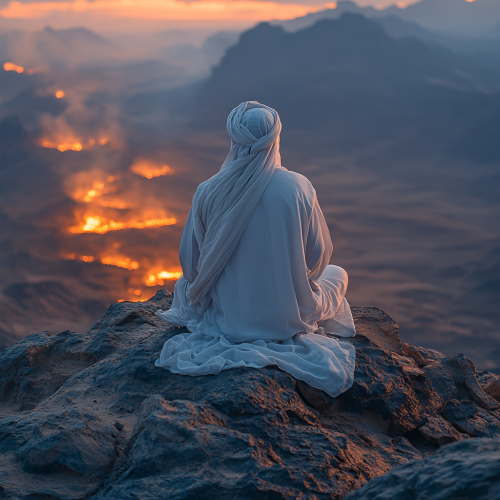 A Saudi Man in White Looking at Desert Fire.